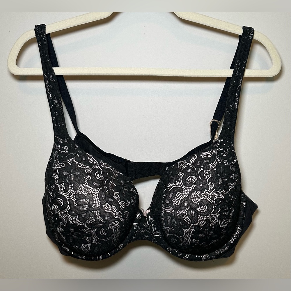 Cacique Layne Bryant Black Nude Lace Underwire Bra 40C Floral Overlay Comfort‎